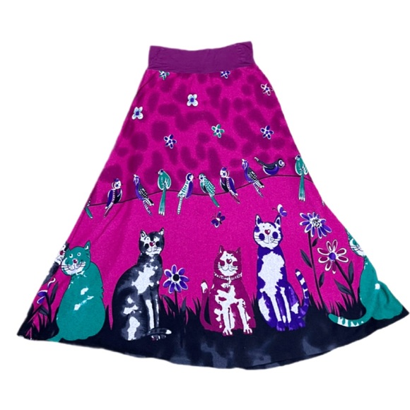 CAT Kitty themed A-line knit sweater skirt w BIRDS in pink green purple S or M - Picture 8 of 11